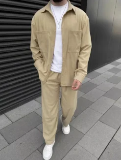Online OUKU Men's Lightweight Jacket Summer Jacket Shirt Jacket Corduroy Jacket Vacation Daily Wearproof Pocket 2 Piece Fall & Winter Plain Fashion Classic Lapel Regular Black Sky Blue Dark Green Khaki Coffee