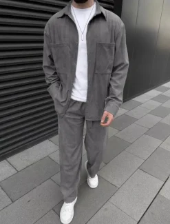 Online OUKU Men's Lightweight Jacket Summer Jacket Shirt Jacket Corduroy Jacket Vacation Daily Wearproof Pocket 2 Piece Fall & Winter Plain Fashion Classic Lapel Regular Black Sky Blue Dark Green Khaki Coffee