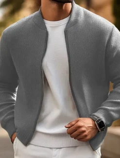Sale OUKU Men's Lightweight Jacket Sweater Coat Formal Home Warm Knitted Spring Fall Winter Solid Color Vintage Fashion Shirt Collar Short Black Khaki Grey Jacket