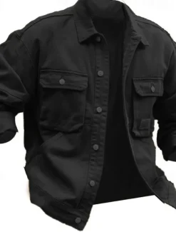 Sale OUKU Men's Lightweight Jacket Shirt Jacket Casual Jacket Work Jacket Formal Home Pocket Spring Fall Winter Solid Color Vintage Fashion Turndown Regular Black Brown Green Khaki Jacket