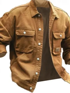 Sale OUKU Men's Lightweight Jacket Shirt Jacket Casual Jacket Work Jacket Formal Home Pocket Spring Fall Winter Solid Color Vintage Fashion Turndown Regular Black Brown Green Khaki Jacket