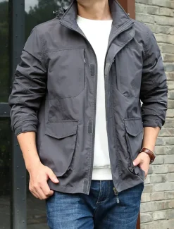 Best OUKU Men's Lightweight Jacket Summer Jacket Utility Jacket Cargo Jacket Outdoor Vacation Warm Pocket Fall Winter Plain Fashion Streetwear Hooded Regular Black Khaki Dark Blue Grey Jacket