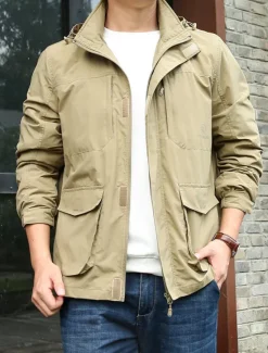 Best OUKU Men's Lightweight Jacket Summer Jacket Utility Jacket Cargo Jacket Outdoor Vacation Warm Pocket Fall Winter Plain Fashion Streetwear Hooded Regular Black Khaki Dark Blue Grey Jacket