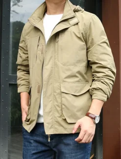 Best OUKU Men's Lightweight Jacket Summer Jacket Utility Jacket Cargo Jacket Outdoor Vacation Warm Pocket Fall Winter Plain Fashion Streetwear Hooded Regular Black Khaki Dark Blue Grey Jacket