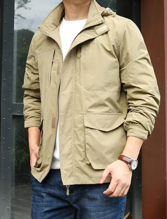 Best OUKU Men's Lightweight Jacket Summer Jacket Utility Jacket Cargo Jacket Outdoor Vacation Warm Pocket Fall Winter Plain Fashion Streetwear Hooded Regular Black Khaki Dark Blue Grey Jacket