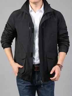 Best OUKU Men's Lightweight Jacket Summer Jacket Utility Jacket Cargo Jacket Outdoor Vacation Warm Pocket Fall Winter Plain Fashion Streetwear Hooded Regular Black Khaki Dark Blue Grey Jacket