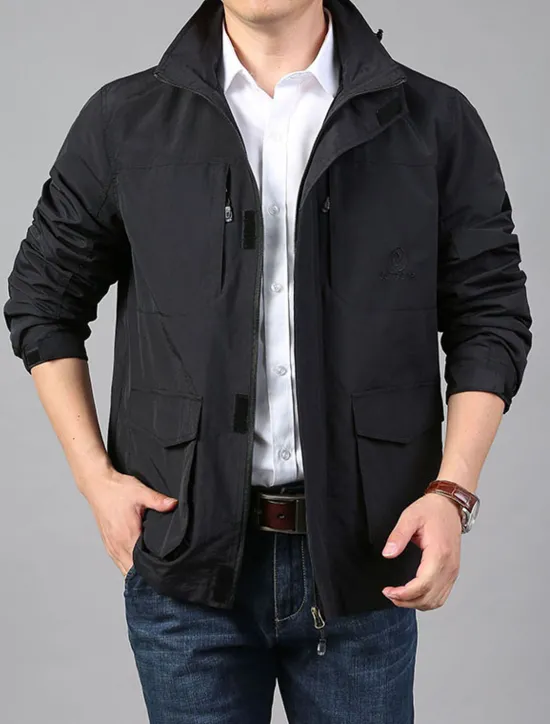 Best OUKU Men's Lightweight Jacket Summer Jacket Utility Jacket Cargo Jacket Outdoor Vacation Warm Pocket Fall Winter Plain Fashion Streetwear Hooded Regular Black Khaki Dark Blue Grey Jacket