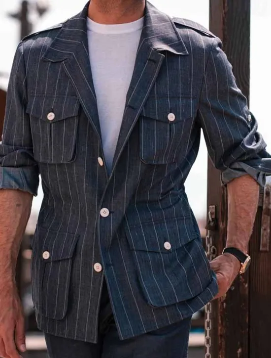 Best OUKU Men's Lightweight Jacket Shirt Jacket Formal Home Pocket Spring & Fall Stripes Vintage Fashion Shirt Collar Regular Jacket Navy Blue