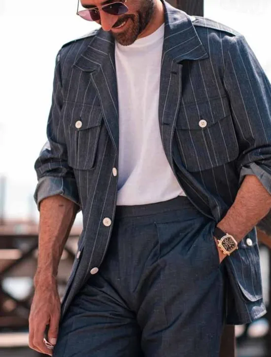 Best OUKU Men's Lightweight Jacket Shirt Jacket Formal Home Pocket Spring & Fall Stripes Vintage Fashion Shirt Collar Regular Jacket Navy Blue