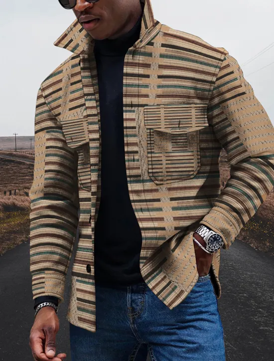 Best OUKU Men's Lightweight Jacket Summer Jacket Outdoor Street Pocket Print Summer Spring Striped Streetwear Sporty Turndown Regular Regular Fit Jacket Yellow