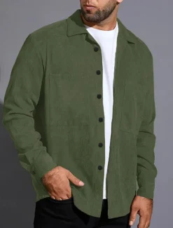 Outlet OUKU Men's Lightweight Jacket Trucker Jacket Shacket Daily Vacation Pocket Spring & Fall Plain Fashion Classic Lapel Regular Black Green Gray Jacket