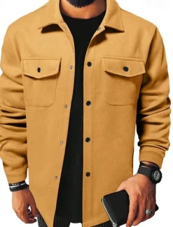 OUKU Men's Lightweight Jacket Trucker Jacket Summer Jacket Shirt Jacket Vacation Daily Pocket Fall & Winter Plain Fashion Classic Lapel Regular Apricot Black Yellow Navy Blue Light Grey Jacket
