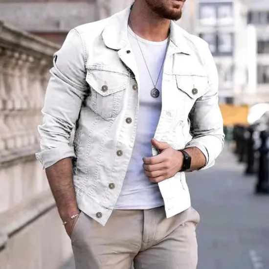 Discount OUKU Men's Lightweight Jacket Trucker Jacket Summer Jacket Shirt Jacket Vacation Daily Pocket Spring & Fall Plain Fashion Classic Lapel Regular Black White Red Navy Blue Blue Jacket