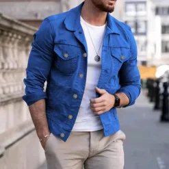 Discount OUKU Men's Lightweight Jacket Trucker Jacket Summer Jacket Shirt Jacket Vacation Daily Pocket Spring & Fall Plain Fashion Classic Lapel Regular Black White Red Navy Blue Blue Jacket