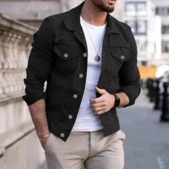 Discount OUKU Men's Lightweight Jacket Trucker Jacket Summer Jacket Shirt Jacket Vacation Daily Pocket Spring & Fall Plain Fashion Classic Lapel Regular Black White Red Navy Blue Blue Jacket