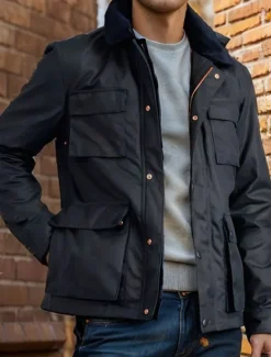 Best OUKU Men's Lightweight Jacket Trucker Jacket Casual Jacket Daily Vacation Thermal Warm Pocket Spring & Fall Plain Fashion Classic Stand Collar Regular Black Navy Blue Jacket