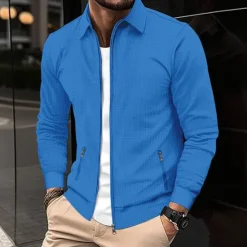 Clearance OUKU Men's Lightweight Jacket Waffle Jacket Summer Jacket Shirt Jacket Vacation Daily Soft Pocket Spring & Fall Plain Fashion Classic Lapel Regular Waffle Fabric Black White Blue Khaki Gray Jacket