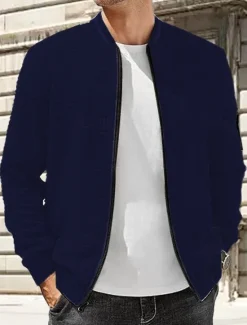 Best OUKU Men's Lightweight Jacket Waffle Jacket Summer Jacket Transition Jacket Vacation Daily Wearproof Pocket Spring Fall Plain Fashion Classic Stand Collar Regular Black White Navy Blue Khaki Dark Gray