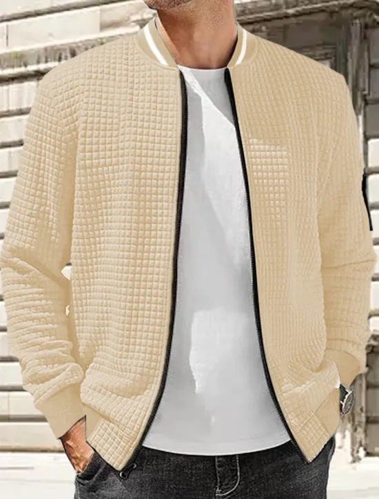 Best OUKU Men's Lightweight Jacket Waffle Jacket Summer Jacket Transition Jacket Vacation Daily Wearproof Pocket Spring Fall Plain Fashion Classic Stand Collar Regular Black White Navy Blue Khaki Dark Gray