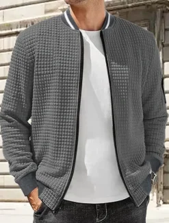 Best OUKU Men's Lightweight Jacket Waffle Jacket Summer Jacket Transition Jacket Vacation Daily Wearproof Pocket Spring Fall Plain Fashion Classic Stand Collar Regular Black White Navy Blue Khaki Dark Gray