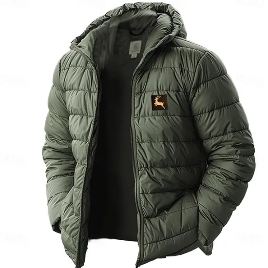 Clearance OUKU Men's Lightweight Puffer Jacket with Hood Water-Resistant Down Jacket Insulated Puffy Coat Reindeer Print Winter Jacket for Snow Ski Hiking Travel