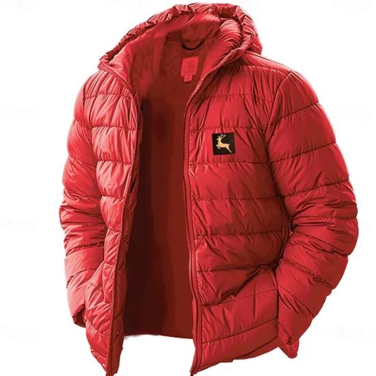 Clearance OUKU Men's Lightweight Puffer Jacket with Hood Water-Resistant Down Jacket Insulated Puffy Coat Reindeer Print Winter Jacket for Snow Ski Hiking Travel