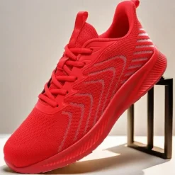 New OUKU Men's Lightweight Red Mesh Running Shoes - Breathable Athletic Sneakers for Sports and Casual Wear