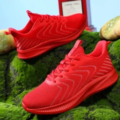 New OUKU Men's Lightweight Red Mesh Running Shoes - Breathable Athletic Sneakers for Sports and Casual Wear
