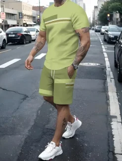 Online OUKU Men's Line 2pcs Tees sets Summer Tops Short Sleeve Short Pants Crew Neck Streetwear Sport Casual Sports & Outdoor Casual 3D Print Summer Black Light Green Blue