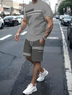 Online OUKU Men's Line 2pcs Tees sets Summer Tops Short Sleeve Short Pants Crew Neck Streetwear Sport Casual Sports & Outdoor Casual 3D Print Summer Black Light Green Blue