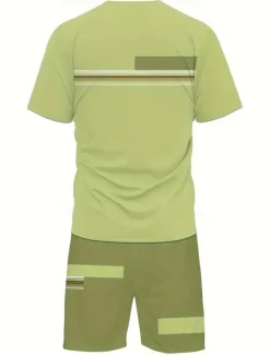 Online OUKU Men's Line 2pcs Tees sets Summer Tops Short Sleeve Short Pants Crew Neck Streetwear Sport Casual Sports & Outdoor Casual 3D Print Summer Black Light Green Blue