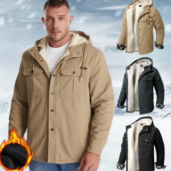 New OUKU Men's Lined Fleece Hooded Shirt Jacket Sherpa Padded jacket Coat Work Flannel Button Down Shirt Jacket Winter Outdoor Thermal Warm Windproof Lightweight Outerwear Parka Hunting Ski Snowboard Fishing