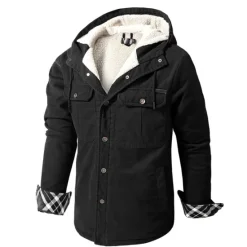 New OUKU Men's Lined Fleece Hooded Shirt Jacket Sherpa Padded jacket Coat Work Flannel Button Down Shirt Jacket Winter Outdoor Thermal Warm Windproof Lightweight Outerwear Parka Hunting Ski Snowboard Fishing