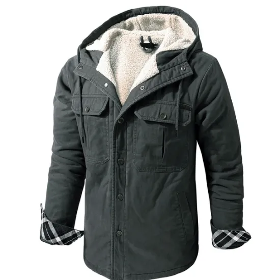New OUKU Men's Lined Fleece Hooded Shirt Jacket Sherpa Padded jacket Coat Work Flannel Button Down Shirt Jacket Winter Outdoor Thermal Warm Windproof Lightweight Outerwear Parka Hunting Ski Snowboard Fishing