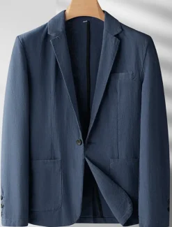 Discount OUKU Men's Linen Blazer Blazer Business Cocktail Party Wedding Party Fashion Casual Spring Autumn / Fall Ramie Solid Color Pocket Buttons Comfortable Single Breasted Blazer Black Burgundy Navy Blue Army