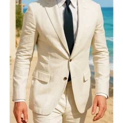 Discount OUKU Men's Linen Blazer Blazer Business Cocktail Party Wedding Party Fashion Casual Spring Autumn / Fall 30% Flax 70% Polyester Plain Pocket Buttons Comfortable Single Breasted Blazer White khaki Light