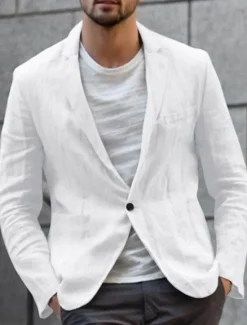 Hot OUKU Men's Linen Blazer Blazer Business Cocktail Party Wedding Party Fashion Casual Spring Autumn / Fall Linen Cotton Blend Solid Color Pocket Buttons Comfortable Single Breasted One-button Blazer Black