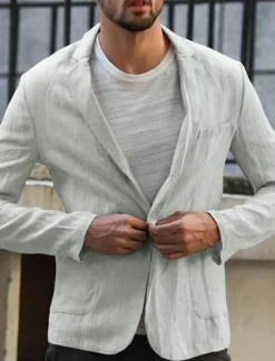 Hot OUKU Men's Linen Blazer Blazer Business Cocktail Party Wedding Party Fashion Casual Spring Autumn / Fall Linen Cotton Blend Solid Color Pocket Buttons Comfortable Single Breasted One-button Blazer Black