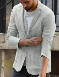 Hot OUKU Men's Linen Blazer Blazer Business Cocktail Party Wedding Party Fashion Casual Spring Autumn / Fall Linen Cotton Blend Solid Color Pocket Buttons Comfortable Single Breasted One-button Blazer Black