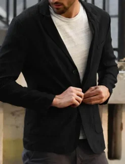 Hot OUKU Men's Linen Blazer Blazer Business Cocktail Party Wedding Party Fashion Casual Spring Autumn / Fall Linen Cotton Blend Solid Color Pocket Buttons Comfortable Single Breasted One-button Blazer Black