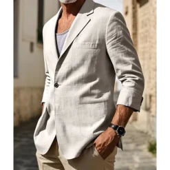 Sale OUKU Men's Linen Blazer Blazer Vacation Holiday Wedding Party Fashion Lightweight Spring & Fall Polyester Linen Plain Pocket Buttons Comfortable Single Breasted One-button Blazer Black Burgundy Dark Navy
