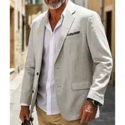 OUKU Men's Linen Blazer Blazer Business Cocktail Party Wedding Party Fashion Casual Spring & Fall Polyester Linen Plain Pocket Buttons Comfortable Single Breasted Blazer White khaki Beige