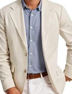 Discount OUKU Men's Linen Blazer Notch Collar Fashion Casual Solid Colored Blazer Standard Fit Single Breasted Two-buttons Beige