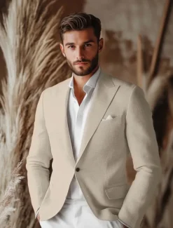 Clearance OUKU Men's Linen Blazer Sport Coat Notch Collar Fashion Casual Solid Colored Yellow Orange Beige Standard Fit Single Breasted One-button
