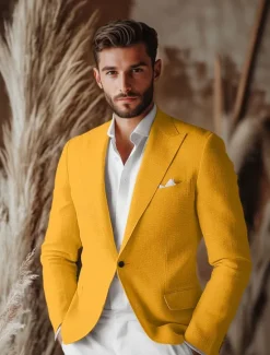 Clearance OUKU Men's Linen Blazer Sport Coat Notch Collar Fashion Casual Solid Colored Yellow Orange Beige Standard Fit Single Breasted One-button