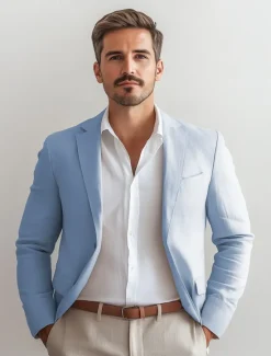 Best OUKU Men's Linen Blazer Sport Coat Notch Collar Fashion Casual Solid Colored Linen Blazer Sky Blue khaki Beige Standard Fit Single Breasted One-button