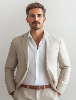 Best OUKU Men's Linen Blazer Sport Coat Notch Collar Fashion Casual Solid Colored Linen Blazer Sky Blue khaki Beige Standard Fit Single Breasted One-button
