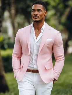 Hot OUKU Men's Linen Blazer Sport Coat Notch Collar Fashion Casual Solid Colored Blazer Yellow Pink Sky Blue Standard Fit Single Breasted One-button