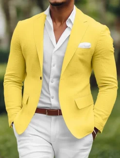 Hot OUKU Men's Linen Blazer Sport Coat Notch Collar Fashion Casual Solid Colored Blazer Yellow Pink Sky Blue Standard Fit Single Breasted One-button