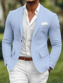 Hot OUKU Men's Linen Blazer Sport Coat Notch Collar Fashion Casual Solid Colored Blazer Yellow Pink Sky Blue Standard Fit Single Breasted One-button